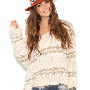 FREE PEOPLE Wool Linus Eyelash Sweater S Beige Boho Soft Academia Slouchy Knit